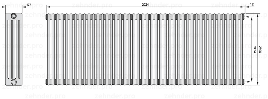 Схема (чертеж) Радиатор Zehnder Charleston 5250/44 №7610 Белый глянцевый RAL 9016